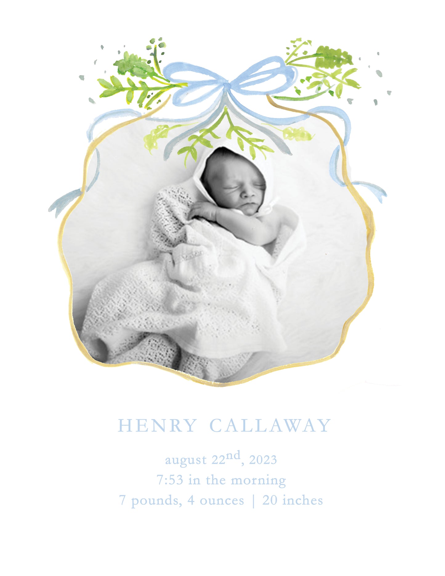 Blue Ribbon and Greenery Birth Announcement