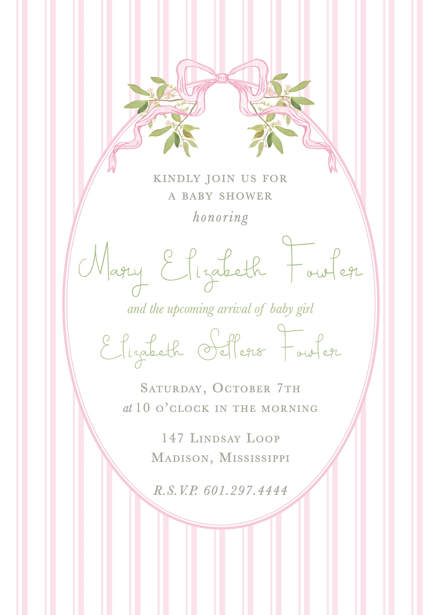 Sweet Pink Ticking and Watercolor Ribbon Invitation