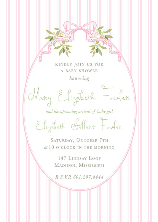 Sweet Pink Ticking and Watercolor Ribbon Invitation