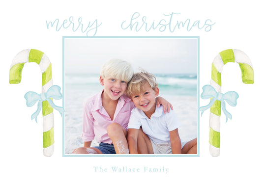 Candy Cane with Blue Ribbon Christmas Card