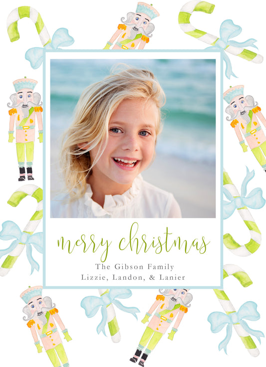 Blue Candy Cane and Nutcracker Christmas Card