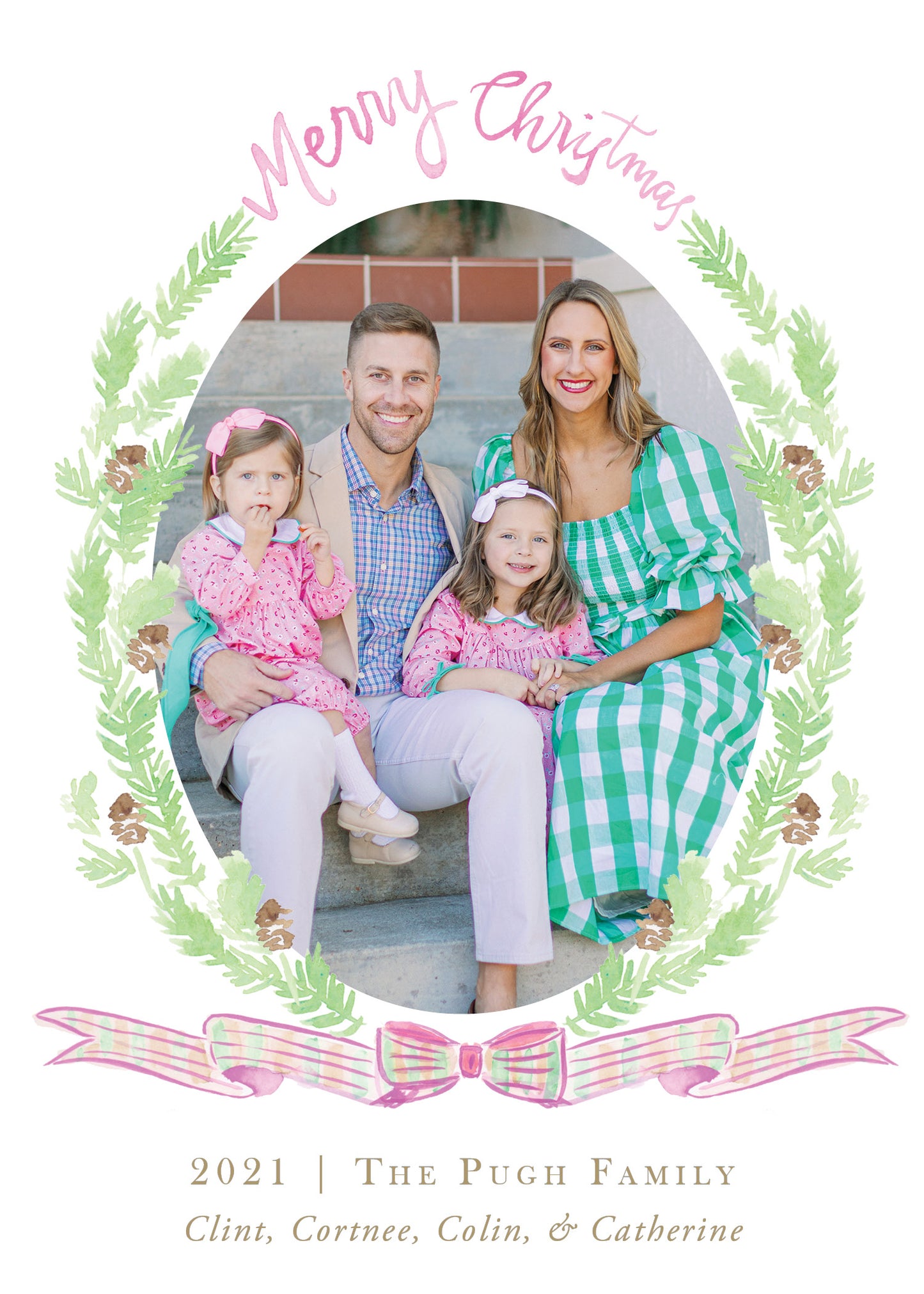 Pink Plaid Ribbon & Pine Christmas Card