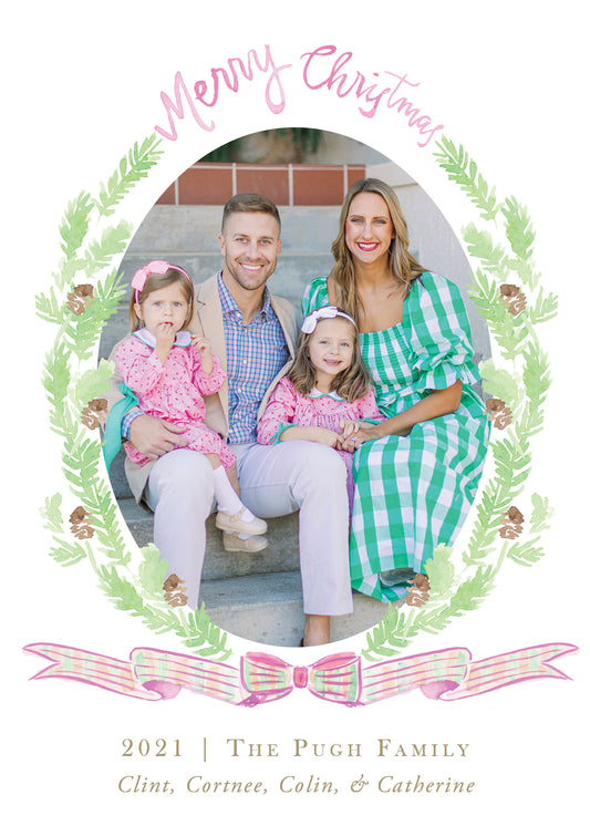 Pink Plaid Ribbon & Pine Christmas Card