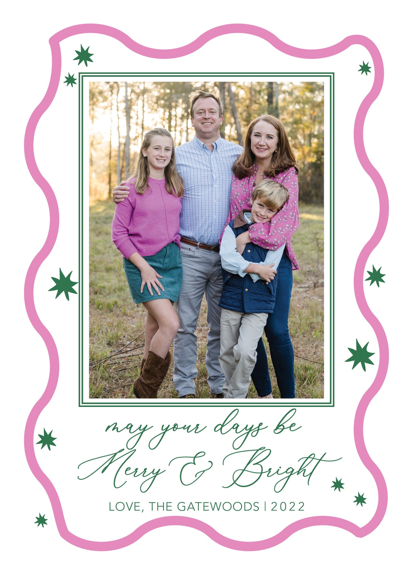 Merry and Bright Scallop Border Christmas Card