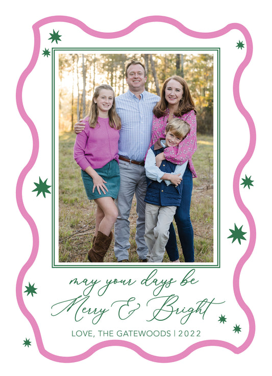 Merry and Bright Scallop Border Christmas Card