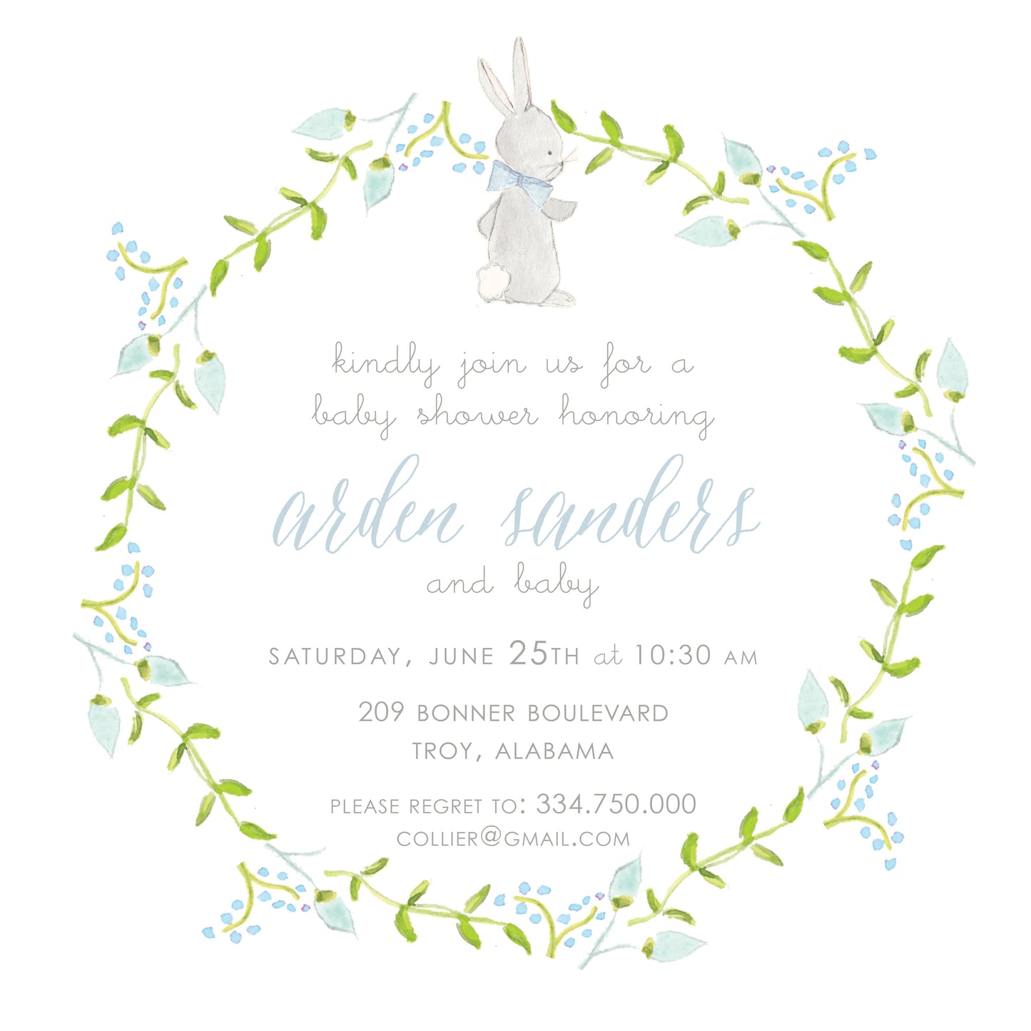 Bunny and Flower Wreath Invitation