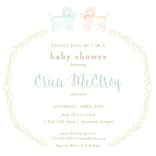 Pink and Blue Pram and Laurel Invitation