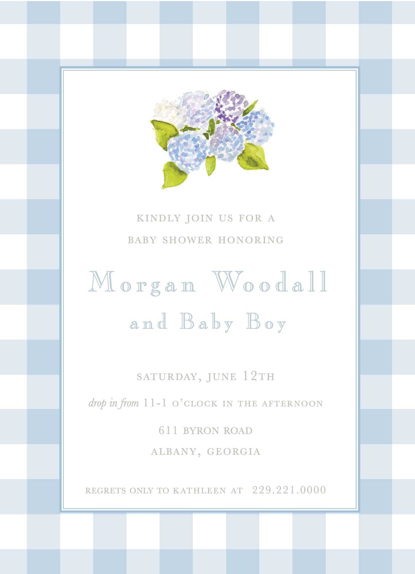 Hydrangea and Buffalo Check Invitation