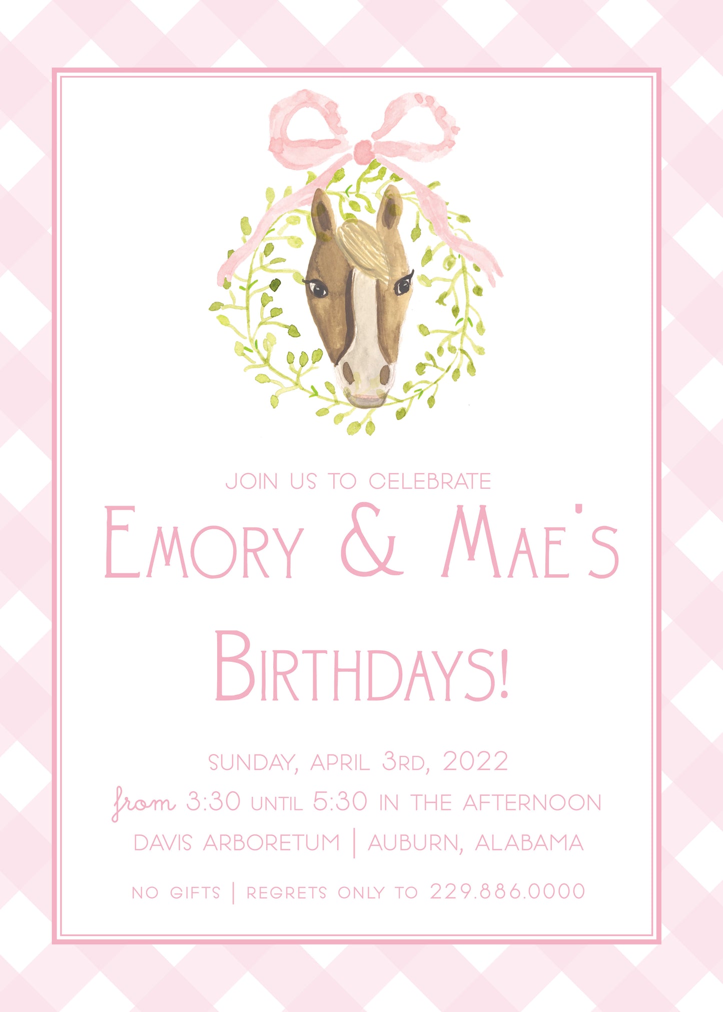 Gingham Pink Pony Invitation