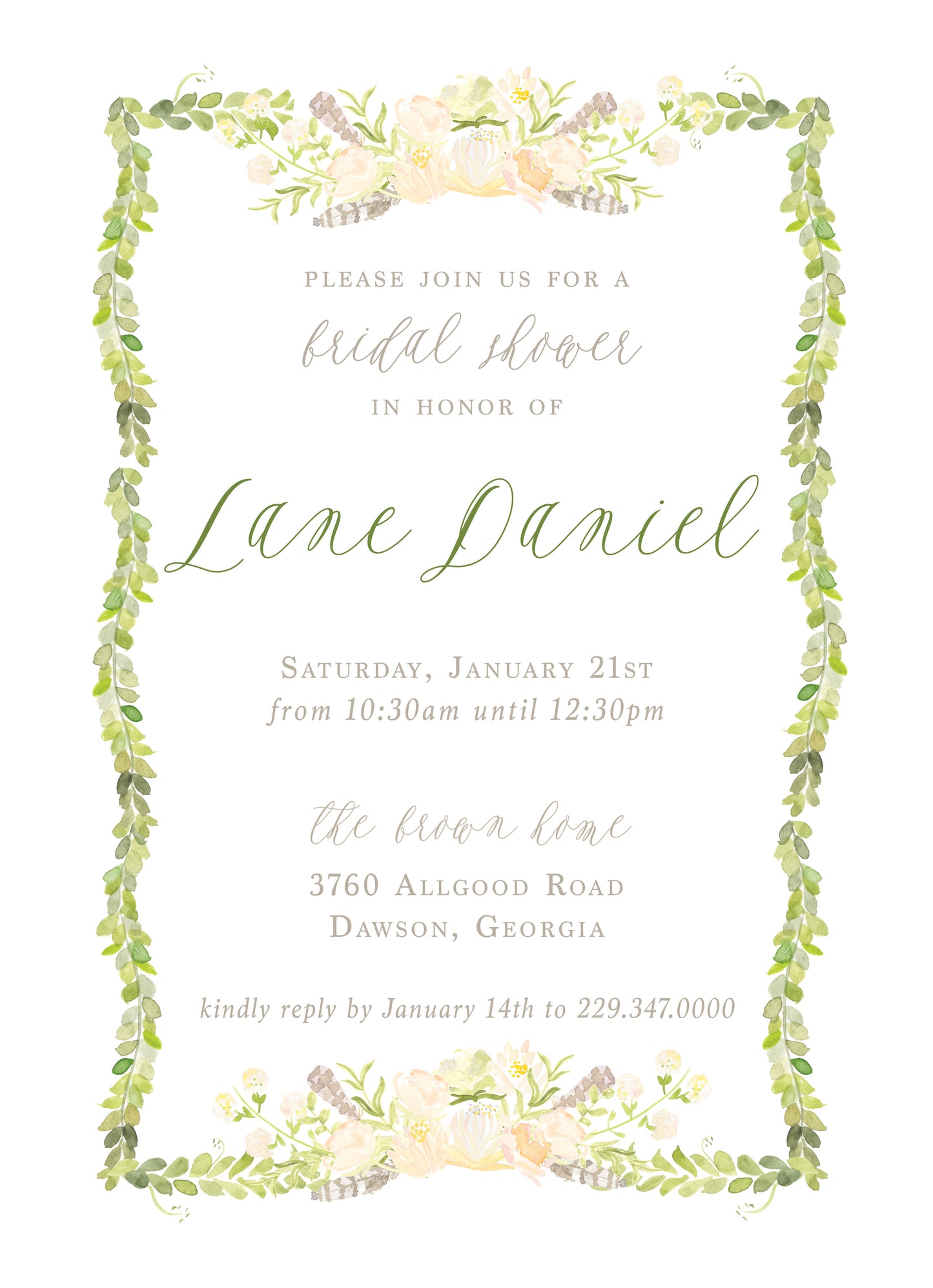 Boxwood, Feather, & Floral Invitation