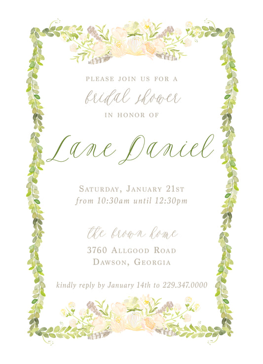 Boxwood, Feather, & Floral Invitation