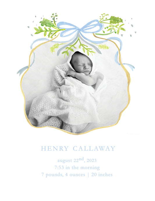 Blue Ribbon and Greenery Birth Announcement