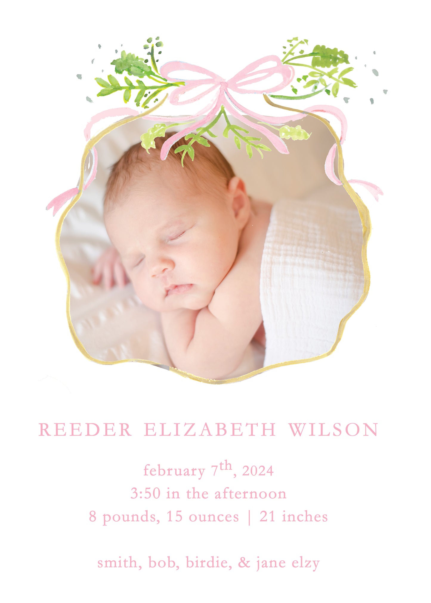 Pink Ribbon and Greenery Birth Announcement