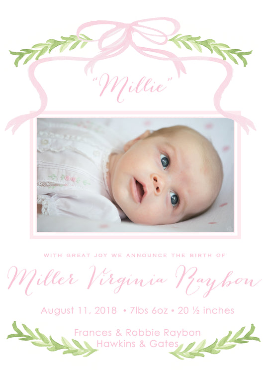 Pink Watercolor Ribbon and Laurel Birth Announcement