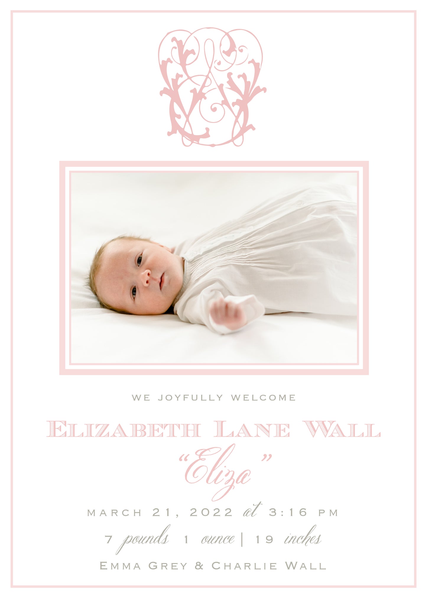 PInk Monogram Birth Announcement