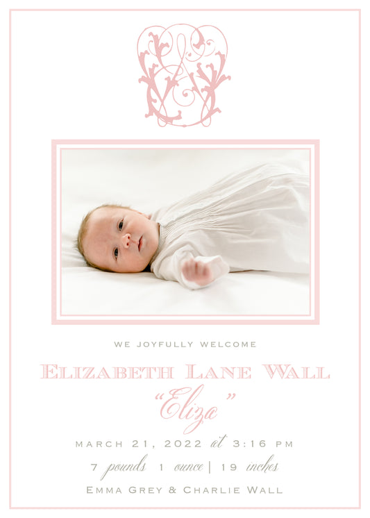 PInk Monogram Birth Announcement